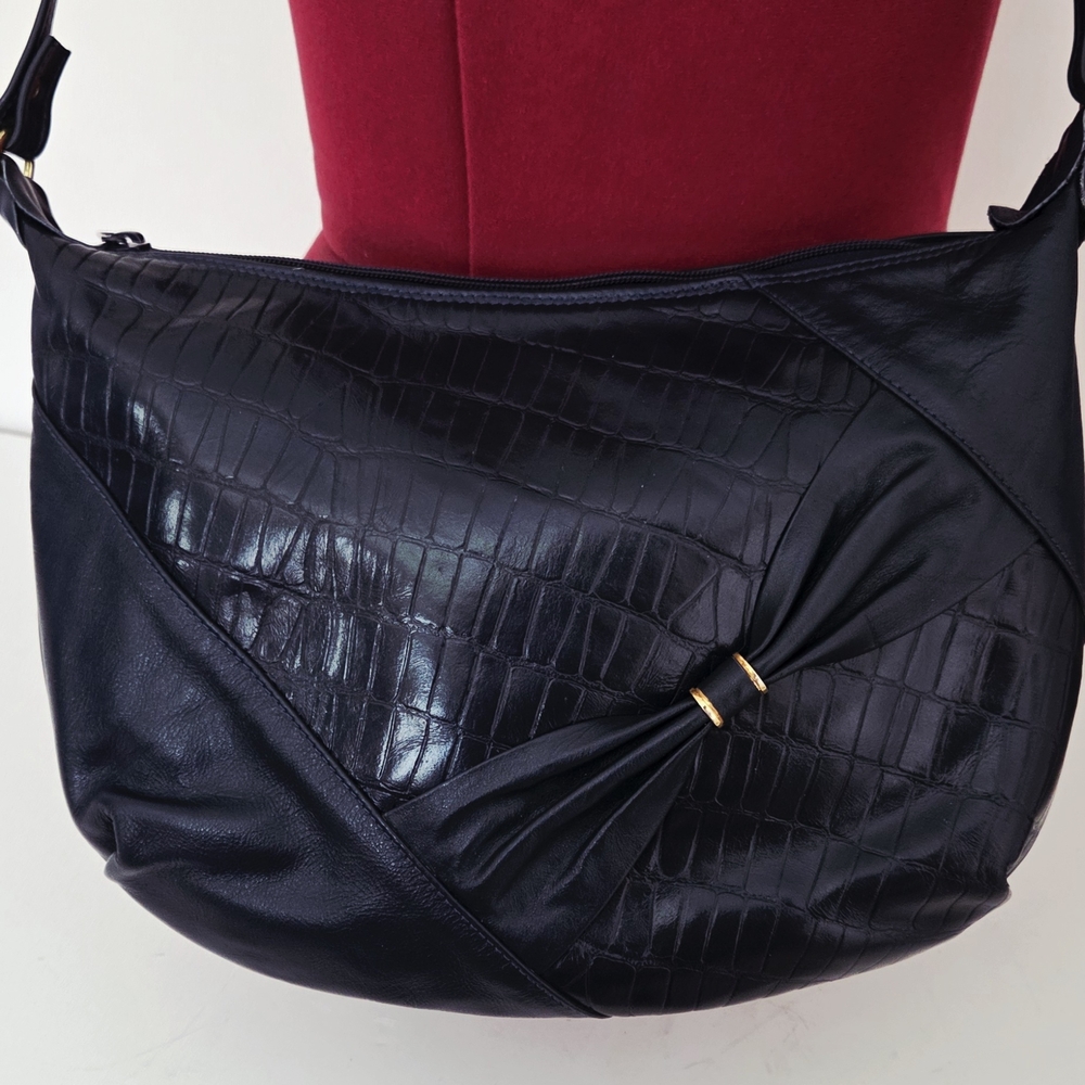 Mipel Elegant Black Leather Crocodile-Embossed Women's Shoulder Crossbody Bag